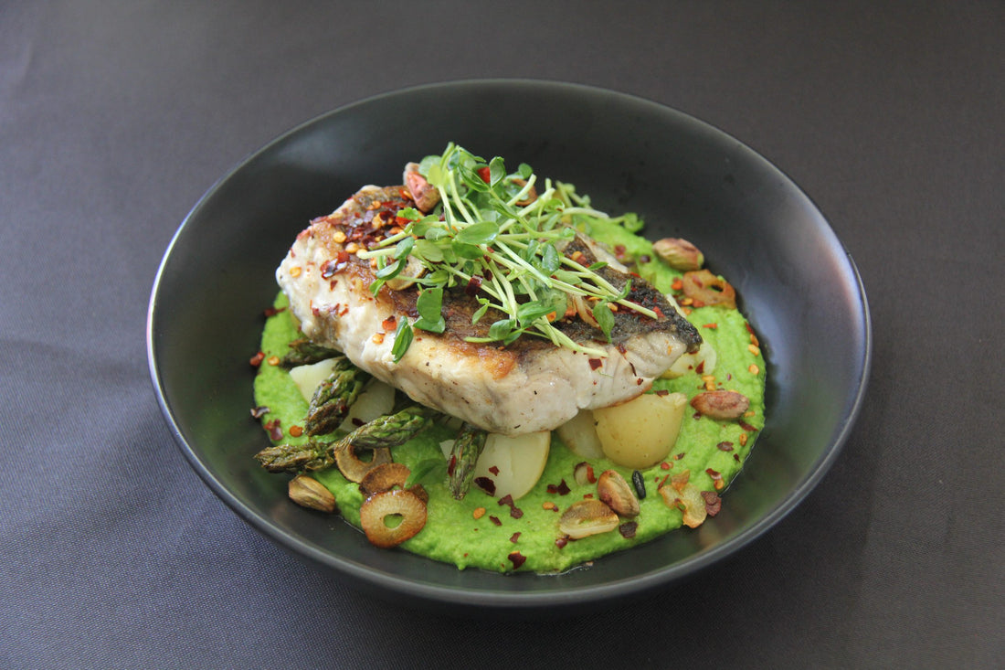 Crispy-Skinned Barramundi with Pea Puree and Vegetables