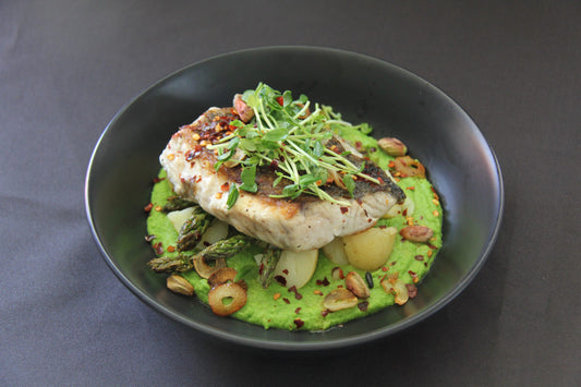 Crispy-Skinned Barramundi with Pea Puree and Vegetables