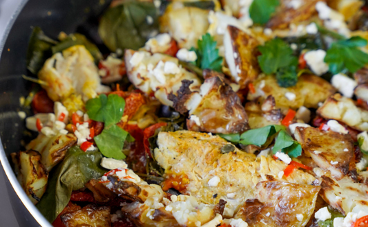 Mediterranean fish with crunchy lemon, honey and feta potatoes