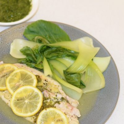 Baked Fish with Steamed Bok Choy and Chimichurri Sauce