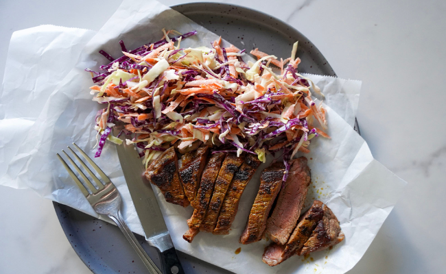 Steak with home made spice rub and coleslaw