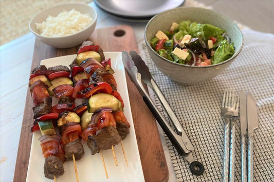 Steak Kebabs with Greek Salad